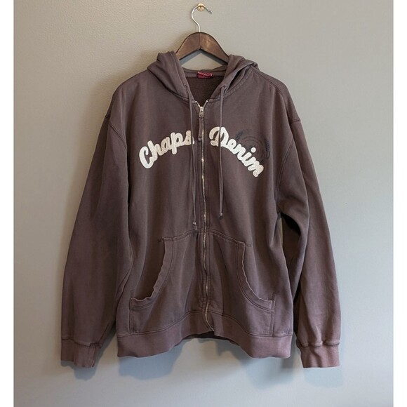 Chaps Denim Size Large Vintage Sweatshirt Brown Zip Hood L Mens Hoodie LS - Picture 1 of 8